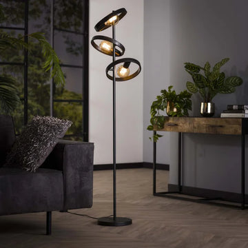 Gulvlampe med 3 Svævende Åbne Skærme i Sort Metal