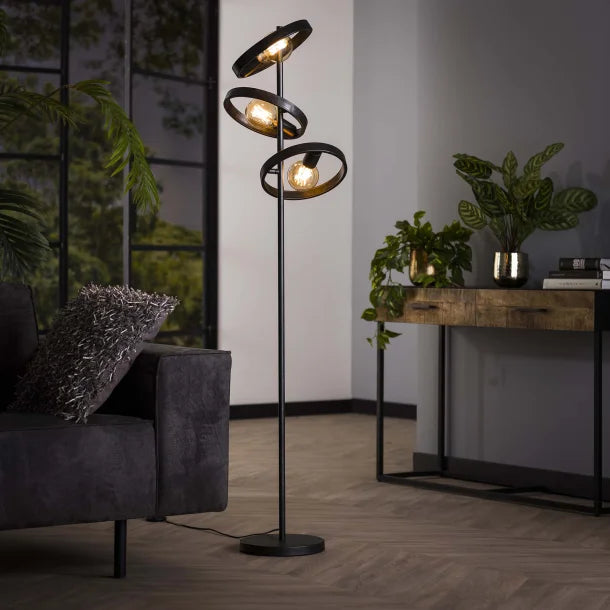 Gulvlampe med 3 Svævende Åbne Skærme i Sort Metal