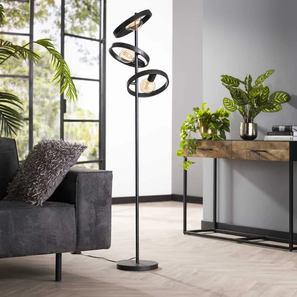 Gulvlampe med 3 Svævende Åbne Skærme i Sort Metal